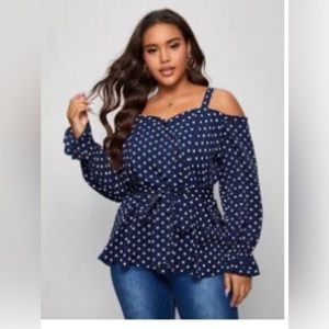 3xl cold shoulder blue and white polka dot belted blouse